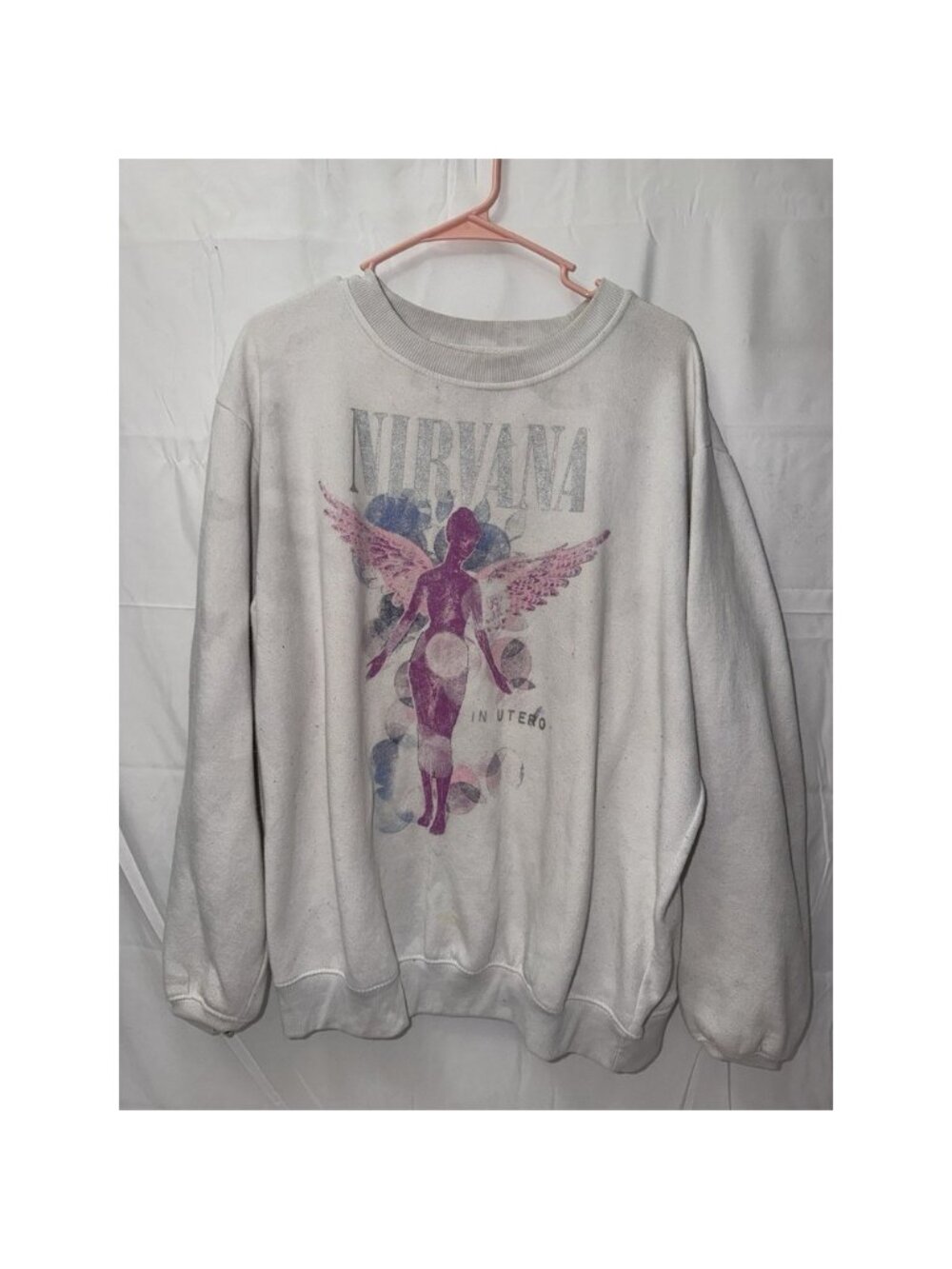 Nirvana In Utero Graphic Sweatshirt Womens XL White Faded Grunge Crewneck